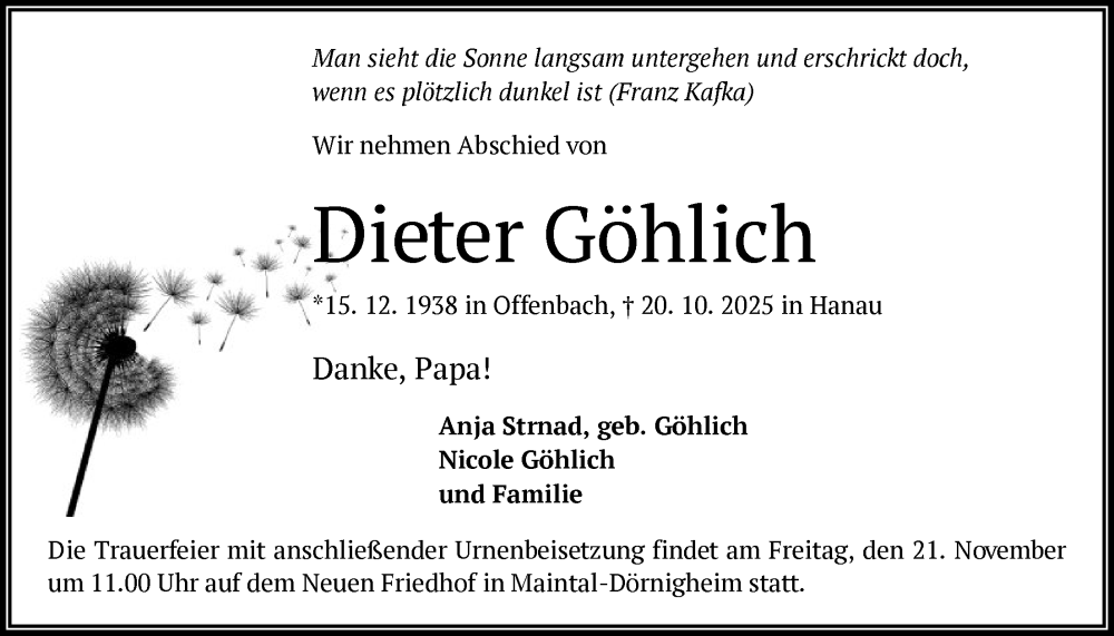  Traueranzeige für Dieter Göhlich vom 08.11.2025 aus OFHA