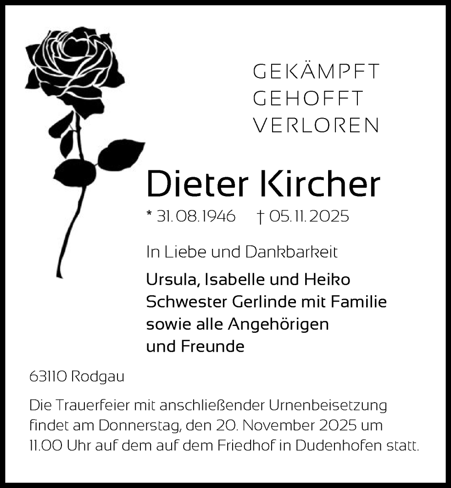  Traueranzeige für Dieter Kircher vom 15.11.2025 aus OFOP
