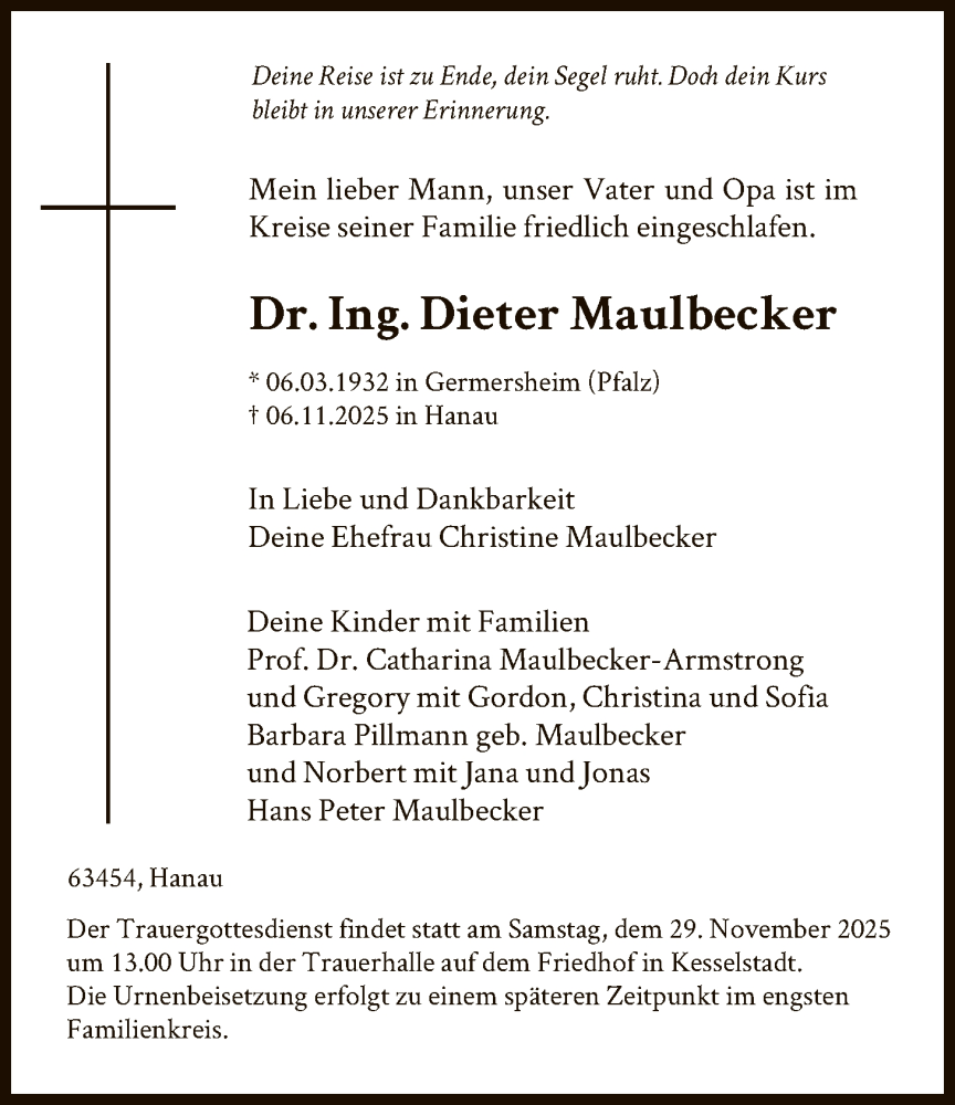  Traueranzeige für Dieter Maulbecker vom 15.11.2025 aus OFHA