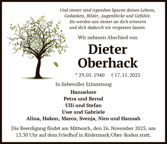 Traueranzeige von Dieter Oberhack von OF0L