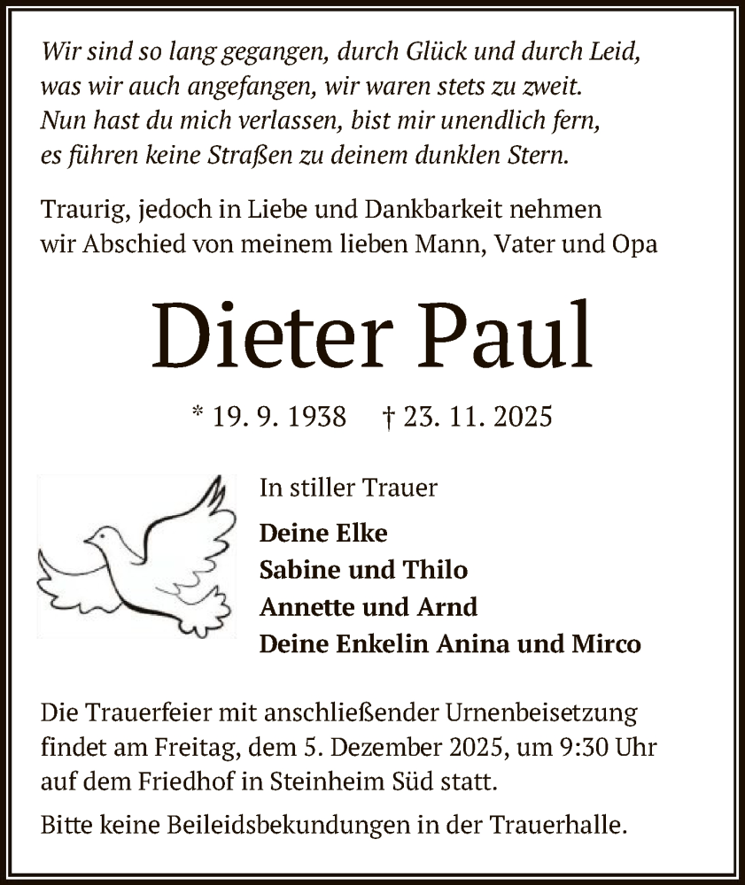  Traueranzeige für Dieter Paul vom 29.11.2025 aus OFOP