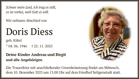 Traueranzeige von Doris Diess von OF0L