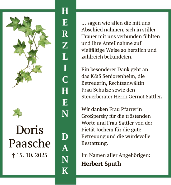 Traueranzeige von Doris Paasche von OF0L