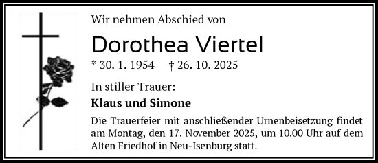 Traueranzeige von Dorothea Viertel von OF0W
