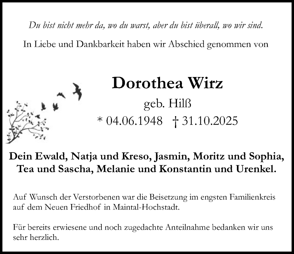  Traueranzeige für Dorothea Wirz vom 22.11.2025 aus OFHA