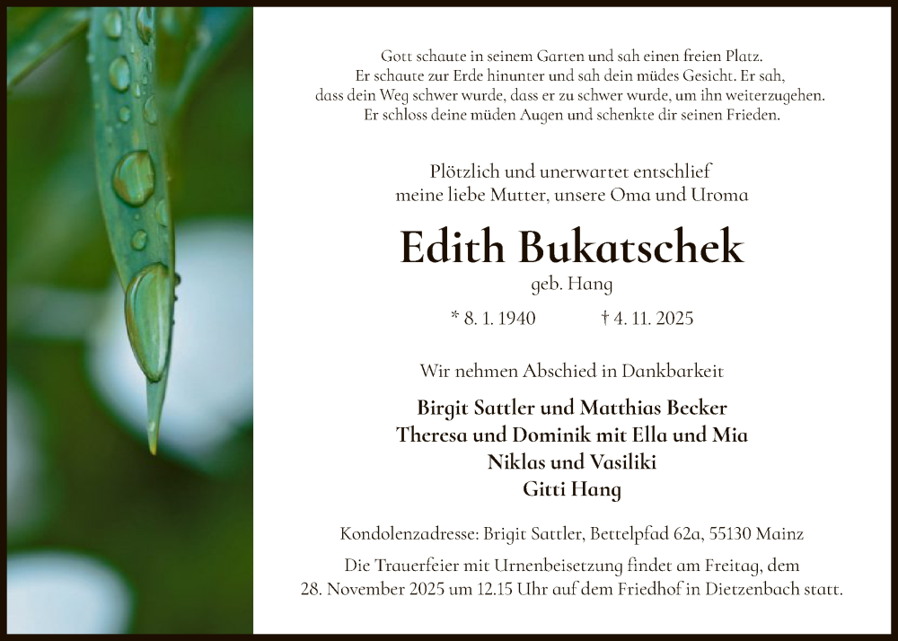  Traueranzeige für Edith Bukatschek vom 15.11.2025 aus OFOP