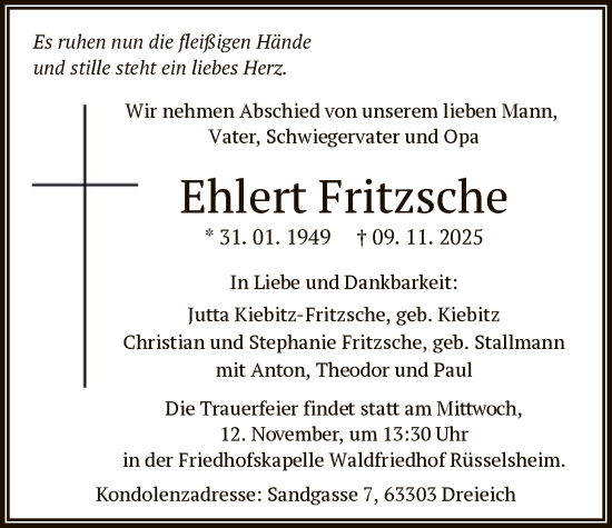 Traueranzeige von Ehlert Fritzsche von OFOP