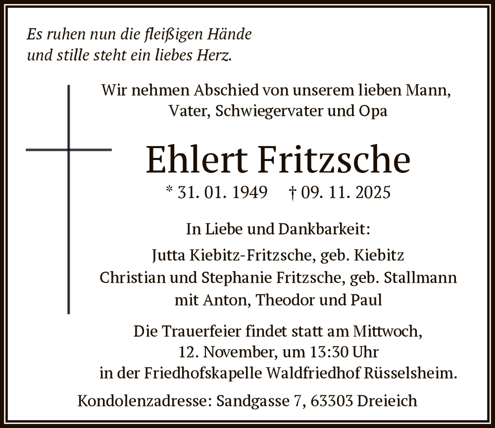  Traueranzeige für Ehlert Fritzsche vom 12.11.2025 aus OFOP