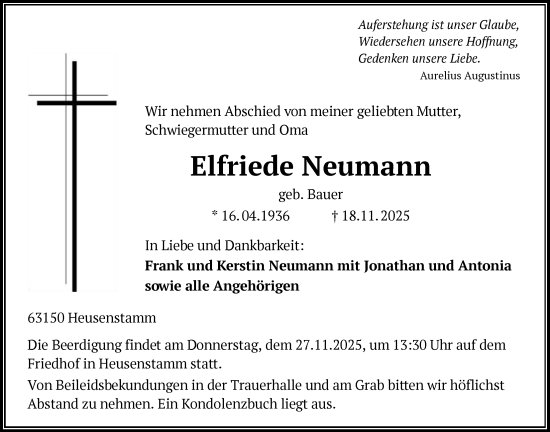 Traueranzeige von Elfriede Neumann von OFOP