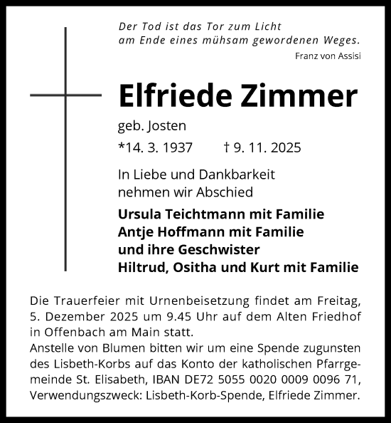 Traueranzeige von Elfriede Zimmer von OFOP