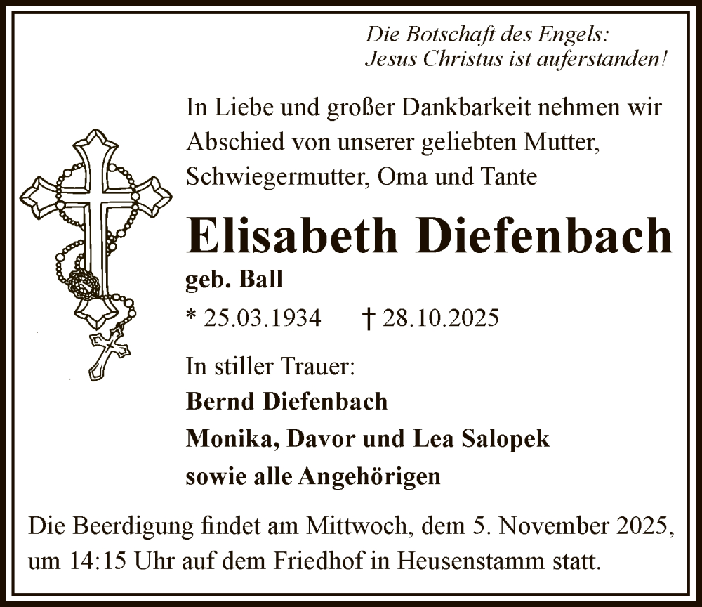  Traueranzeige für Elisabeth Diefenbach vom 01.11.2025 aus OF0T