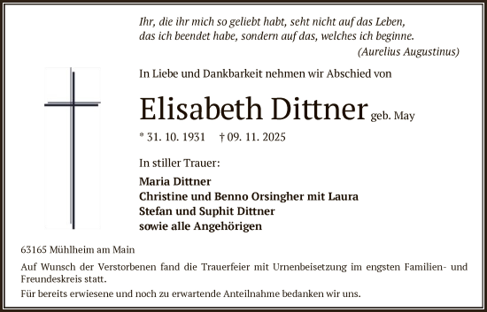 Traueranzeige von Elisabeth Dittner von OFOP