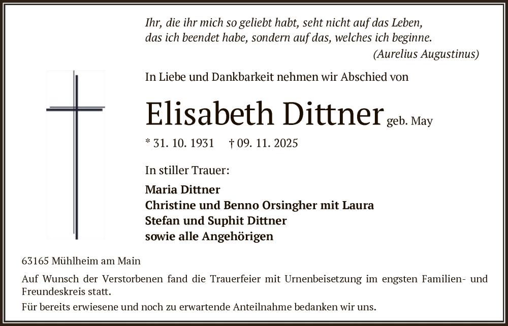  Traueranzeige für Elisabeth Dittner vom 29.11.2025 aus OFOP