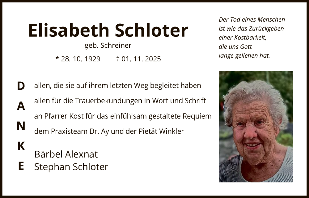  Traueranzeige für Elisabeth Schloter vom 29.11.2025 aus OF0L