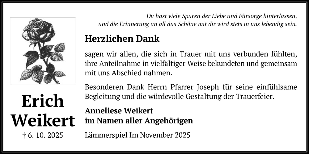  Traueranzeige für Erich Weikert vom 15.11.2025 aus OFOP