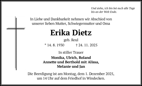 Traueranzeige von Erika Dietz von OFHA