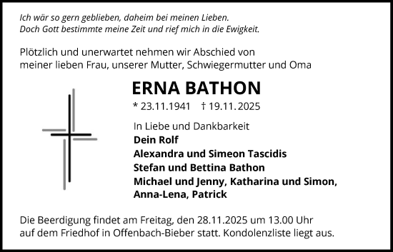 Traueranzeige von Erna Bathon von OFOP