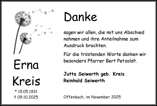 Traueranzeige von Erna Kreis von OFOP