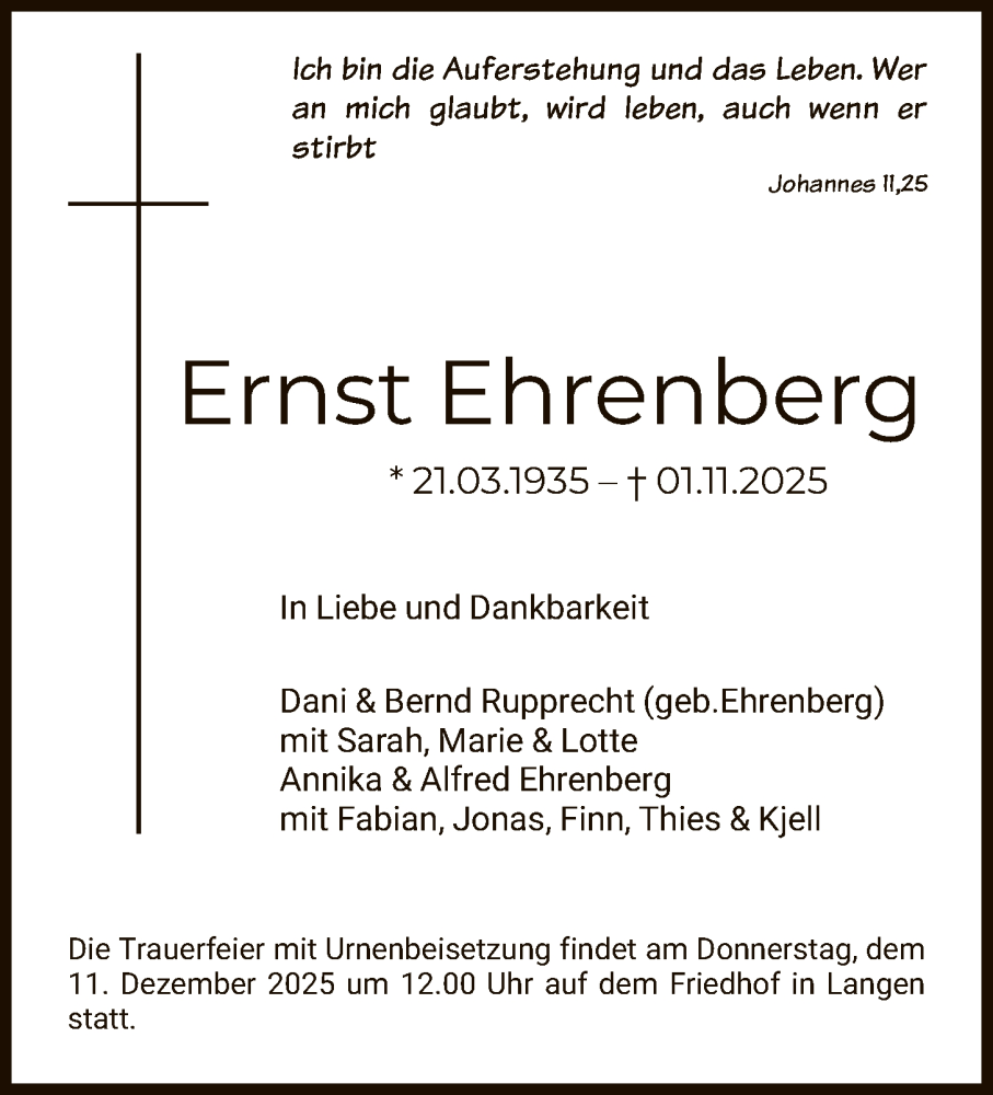  Traueranzeige für Ernst Ehrenberg vom 15.11.2025 aus OF0W