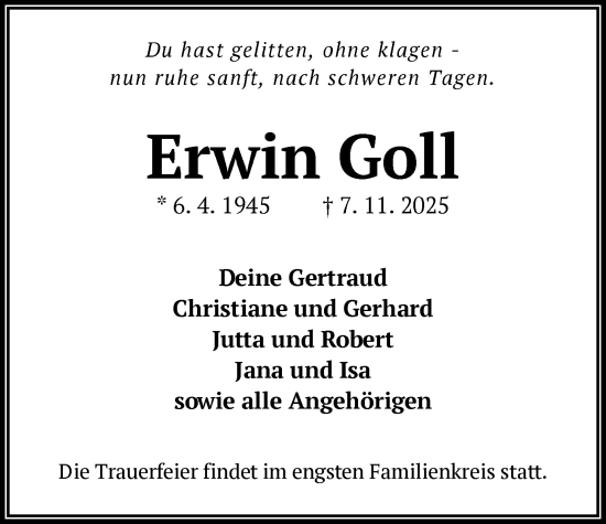 Traueranzeige von Erwin Goll von OFHA