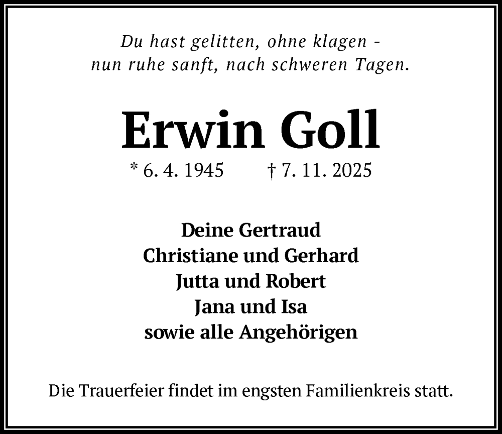  Traueranzeige für Erwin Goll vom 15.11.2025 aus OFHA