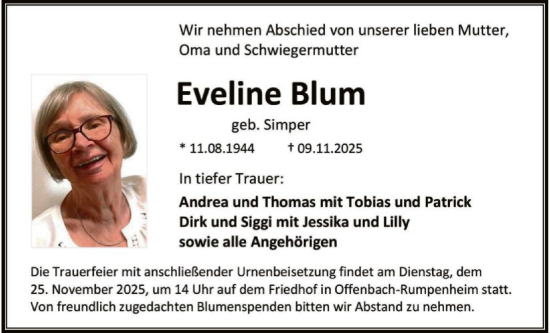 Traueranzeige von Eveline Blum von OFOP