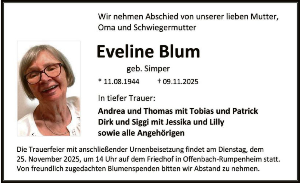  Traueranzeige für Eveline Blum vom 15.11.2025 aus OFOP