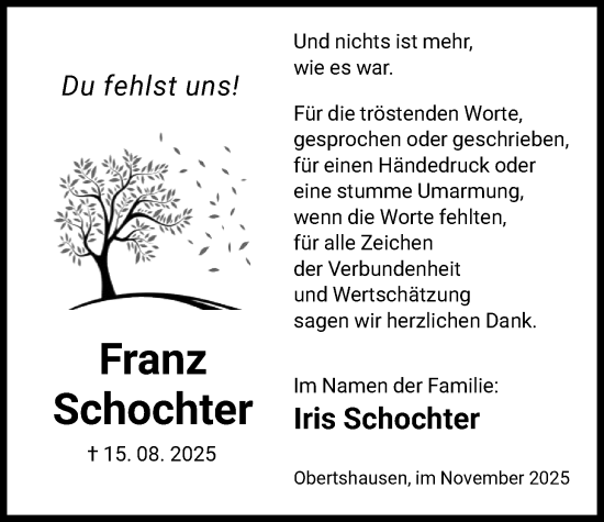 Traueranzeige von Franz Schochter von OFOP