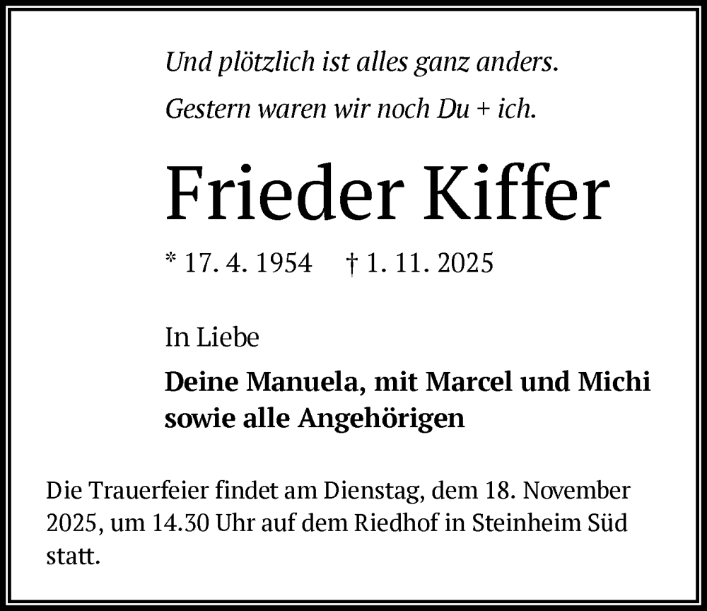  Traueranzeige für Frieder Kiffer vom 08.11.2025 aus OFHA
