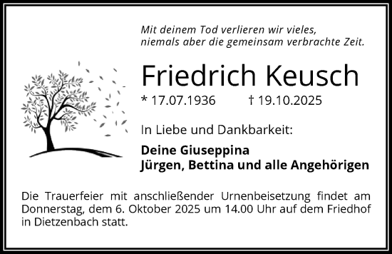 Traueranzeige von Friedrich Keusch von OFOP