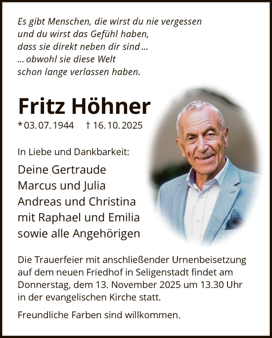 Traueranzeige von Fritz Höhner von OFOP