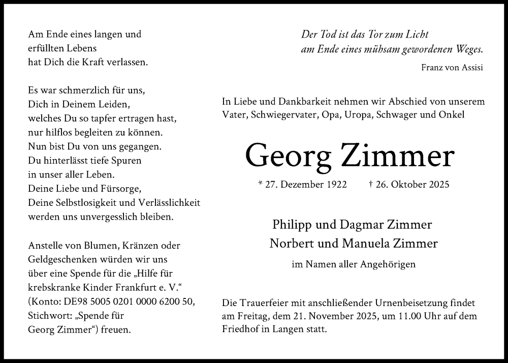  Traueranzeige für Georg Zimmer vom 15.11.2025 aus OFOP