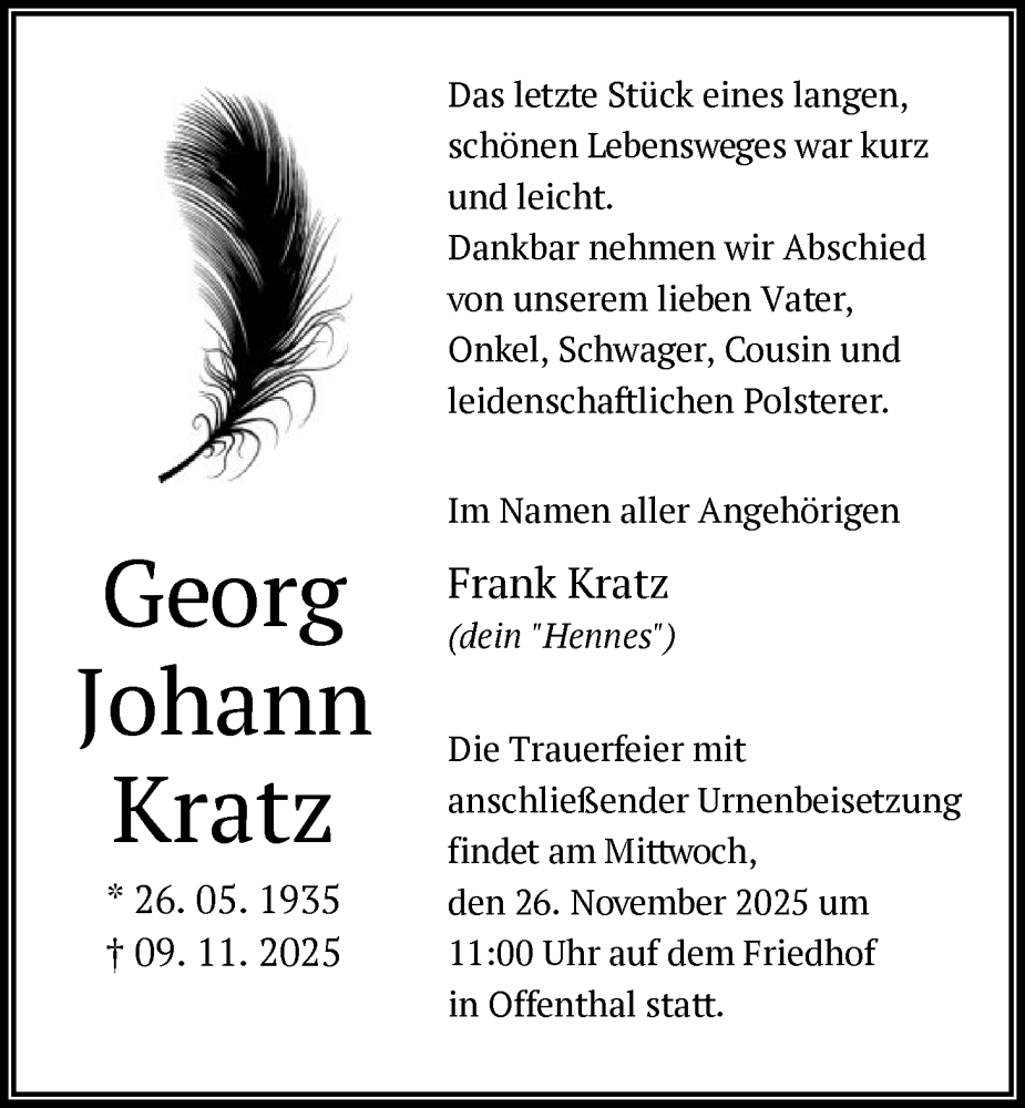  Traueranzeige für Georg Johann Kratz vom 22.11.2025 aus OF0WOF0L