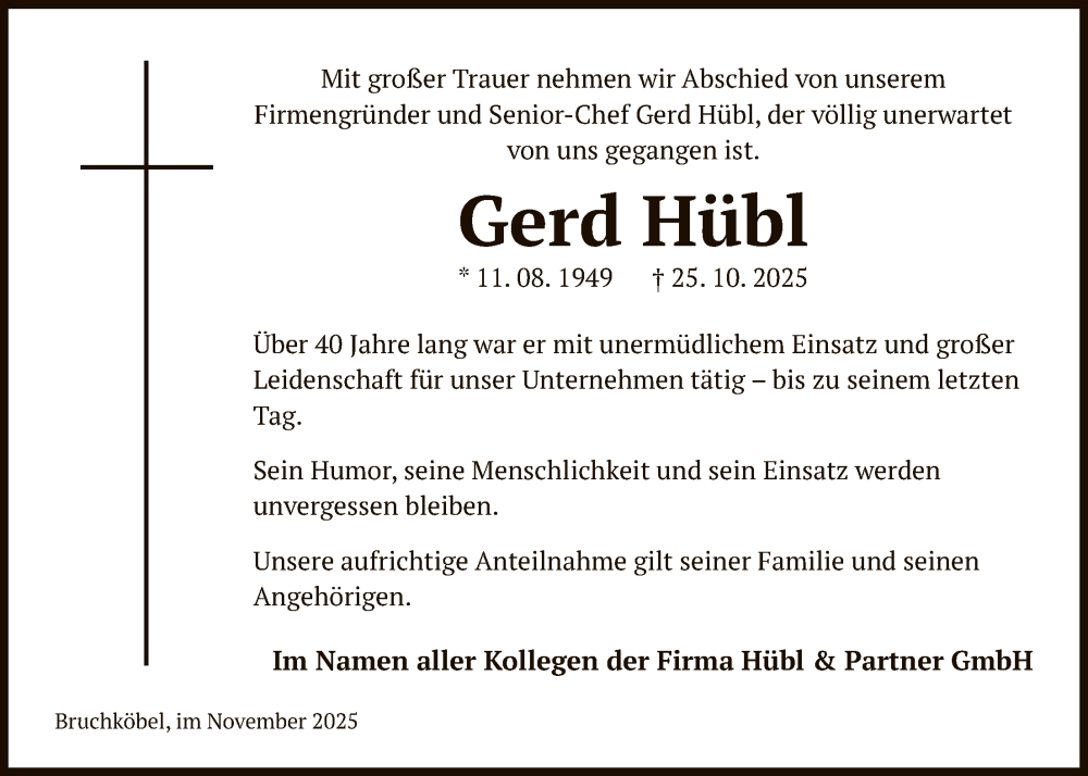  Traueranzeige für Gerd Hübl vom 15.11.2025 aus HUW