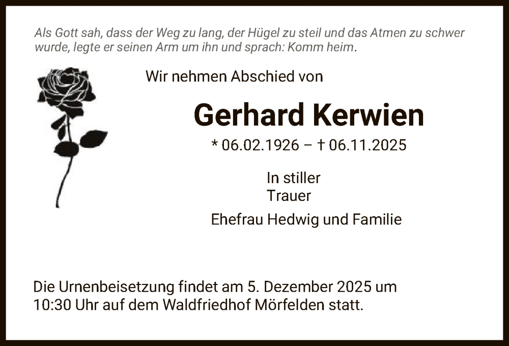  Traueranzeige für Gerhard Kerwien vom 28.11.2025 aus OFMF