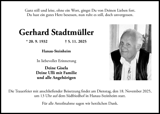 Traueranzeige von Gerhard Stadtmüller von OFHA