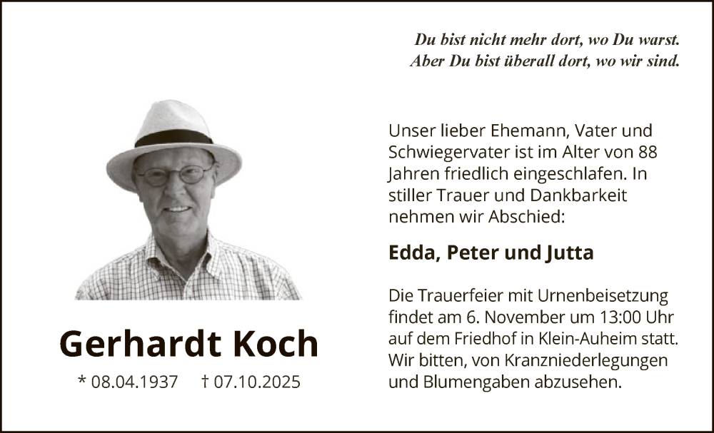  Traueranzeige für Gerhardt Koch vom 01.11.2025 aus OFHA