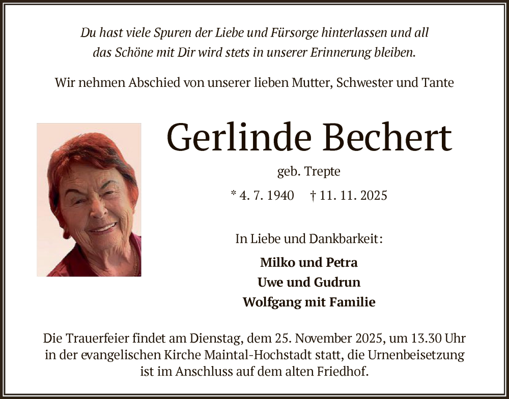  Traueranzeige für Gerlinde Bechert vom 15.11.2025 aus OFHA