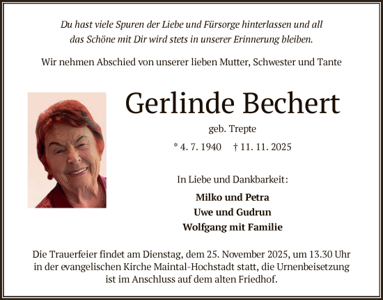 Traueranzeige von Gerlinde Bechert von OFHA