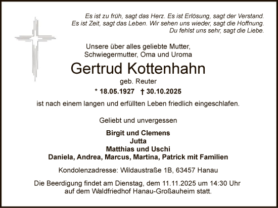 Traueranzeige von Gertrud Kottenhahn von OFHA