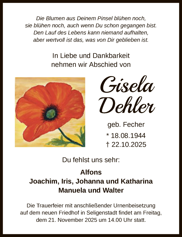  Traueranzeige für Gisela Dehler vom 08.11.2025 aus OF0L