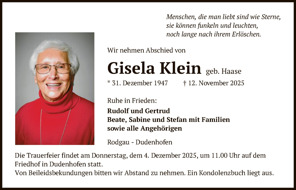  Traueranzeige für Gisela Klein vom 29.11.2025 aus OFOP