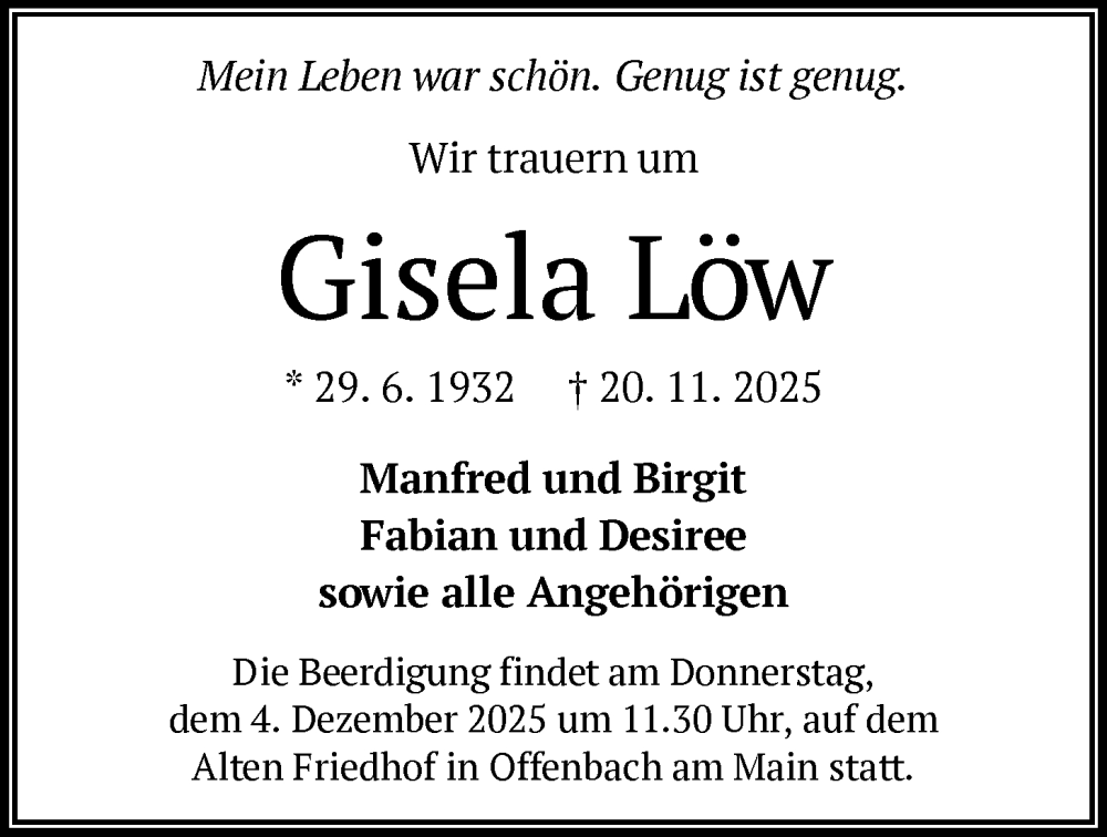  Traueranzeige für Gisela Löw vom 29.11.2025 aus OFOP