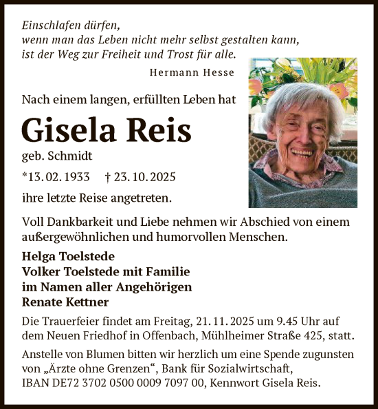 Traueranzeige von Gisela Reis von OFOP