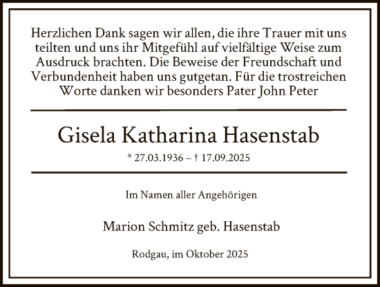 Traueranzeige von Gisela Katharina Hasenstab von OFOP
