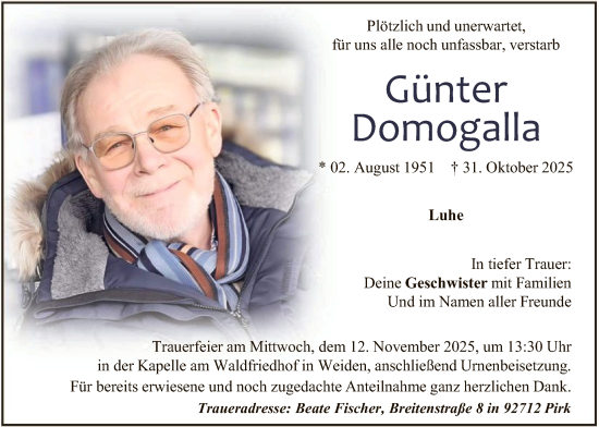 Traueranzeige von Günter Domogalla von OFOP