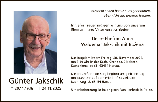 Traueranzeige von Günter Jakschik von OFHA