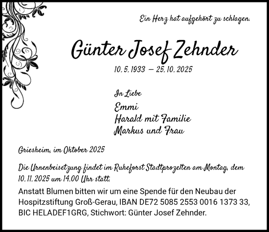 Traueranzeige von Günter Josef Zehnder von OFOP
