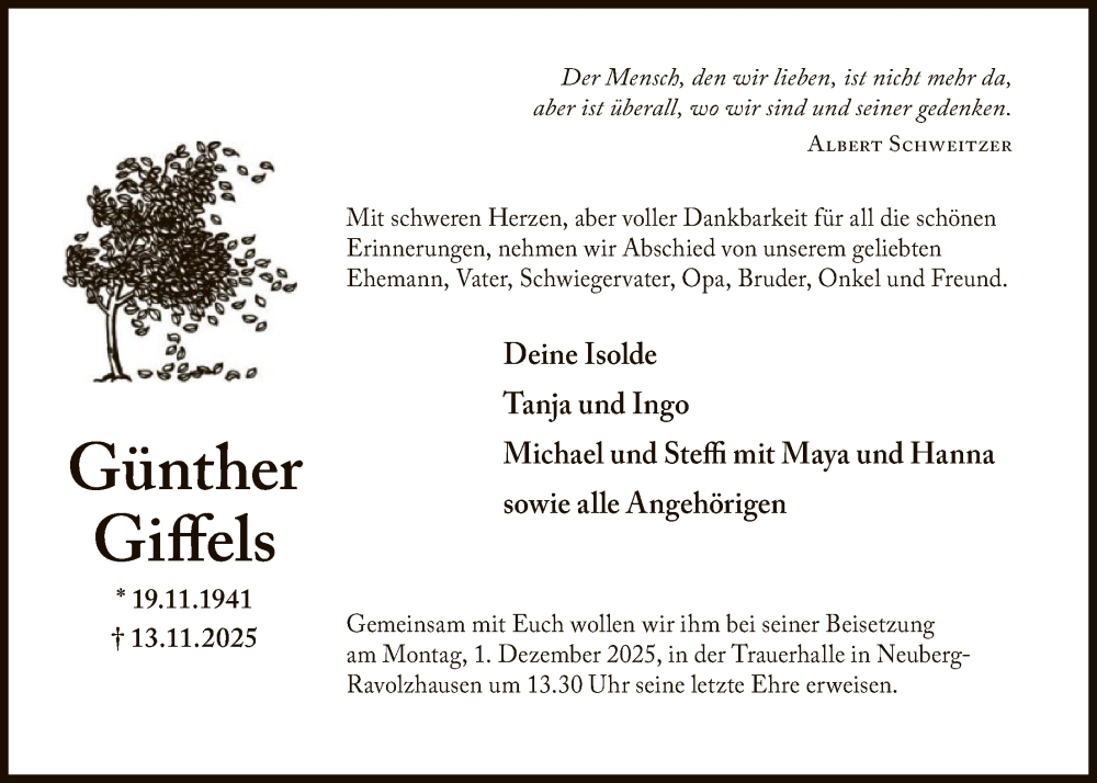 Traueranzeige für Günther Giffels vom 22.11.2025 aus OFHA