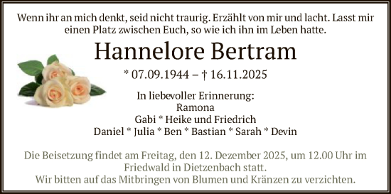 Traueranzeige von Hannelore Bertram von OFOP